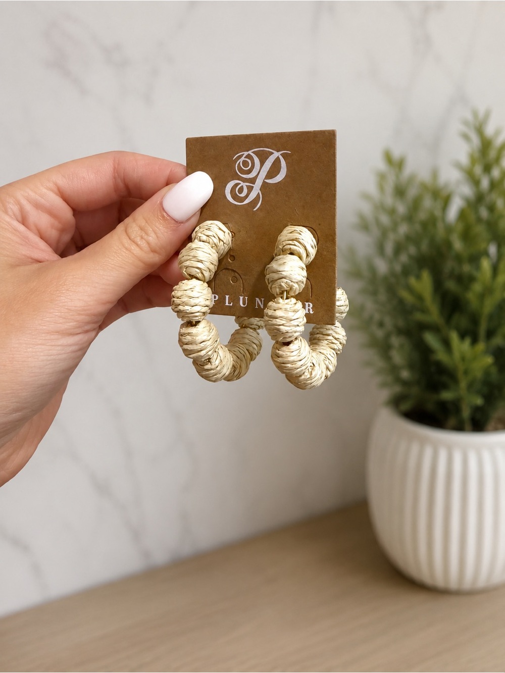 Plunder Natural Raffia Bead Hoop Earrings